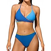 CUPSHE Women's Two Piece Bikini Sets V Neck Bathing Suits Color Block Stitching Crossback Self Tie Mid Rise