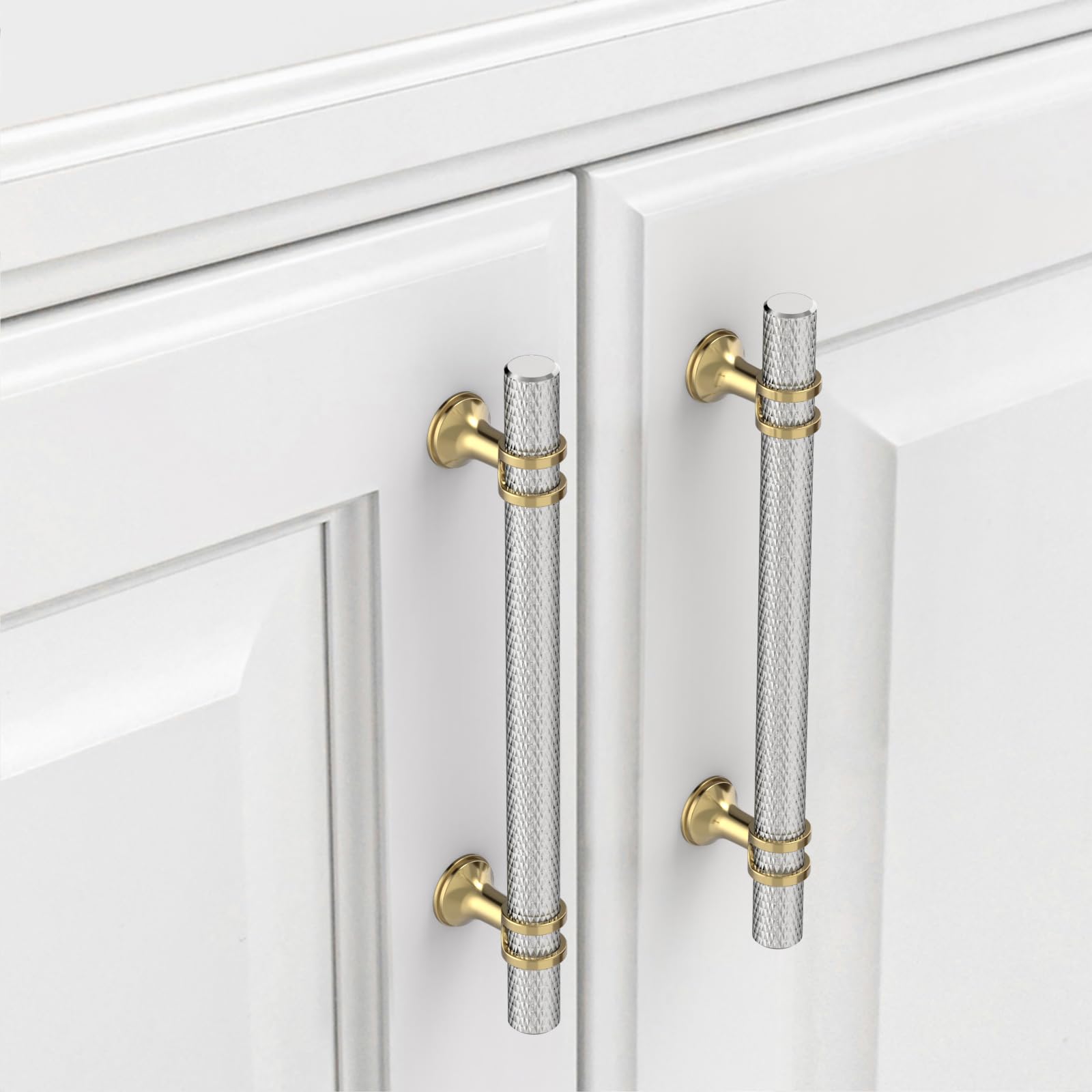 9BUILD 10 Pack Gold Brushed Satin Nickel Cabinet Pulls - 128MM Hole Center Kitchen Cupboard Handles - Knurled Cabinet Handles for Cupboard and Drawer - UK0049 — image 1