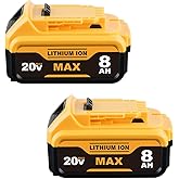 2Pack DCB200 8000mAh Lithium Ion Battery Replacement for Dewalt 20V Max Battery DCB200 DCB206 DCB203 DCB180 DCB201 DCB204 Com