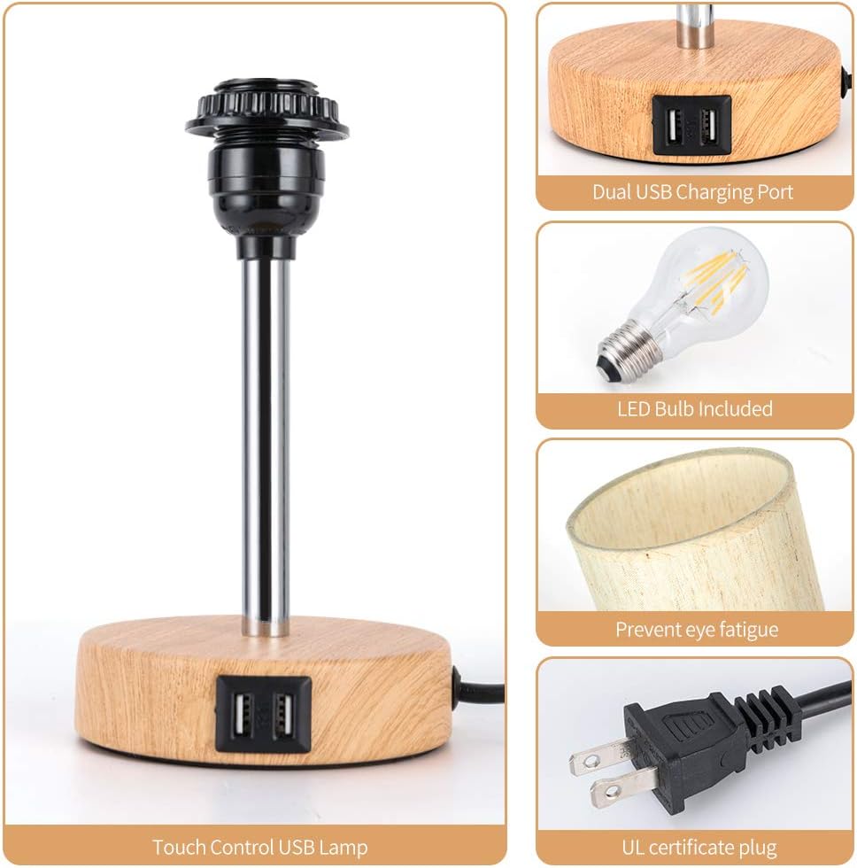 Bedside Lamp with USB port - Touch Control Table Lamp for Bedroom Wood 3 Way Dimmable Nightstand Lamp with Round Flaxen Fabric Shade for Living Room, Kids Room, College Dorm, Office(LED Bulb Included) - - 