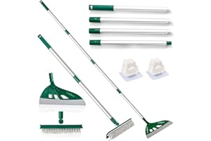 BURFERLY Squeegee Broom with Replaceable V-Shape Brush Head for Floor, Tile, Deck, Window, Bonus 2 Rod Holder Storage Clips, Dark Green