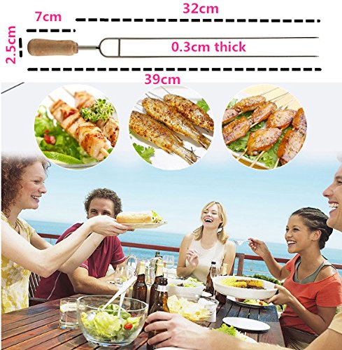LinaLife 6pcs 15.3inch Grilling Kabob Skewers Food grade stainlesss steel grade Needles Double Prongs Barbecue Roasting Sticks Shish Kebab Skewers BBQ Stick Needles With Wooden Handle