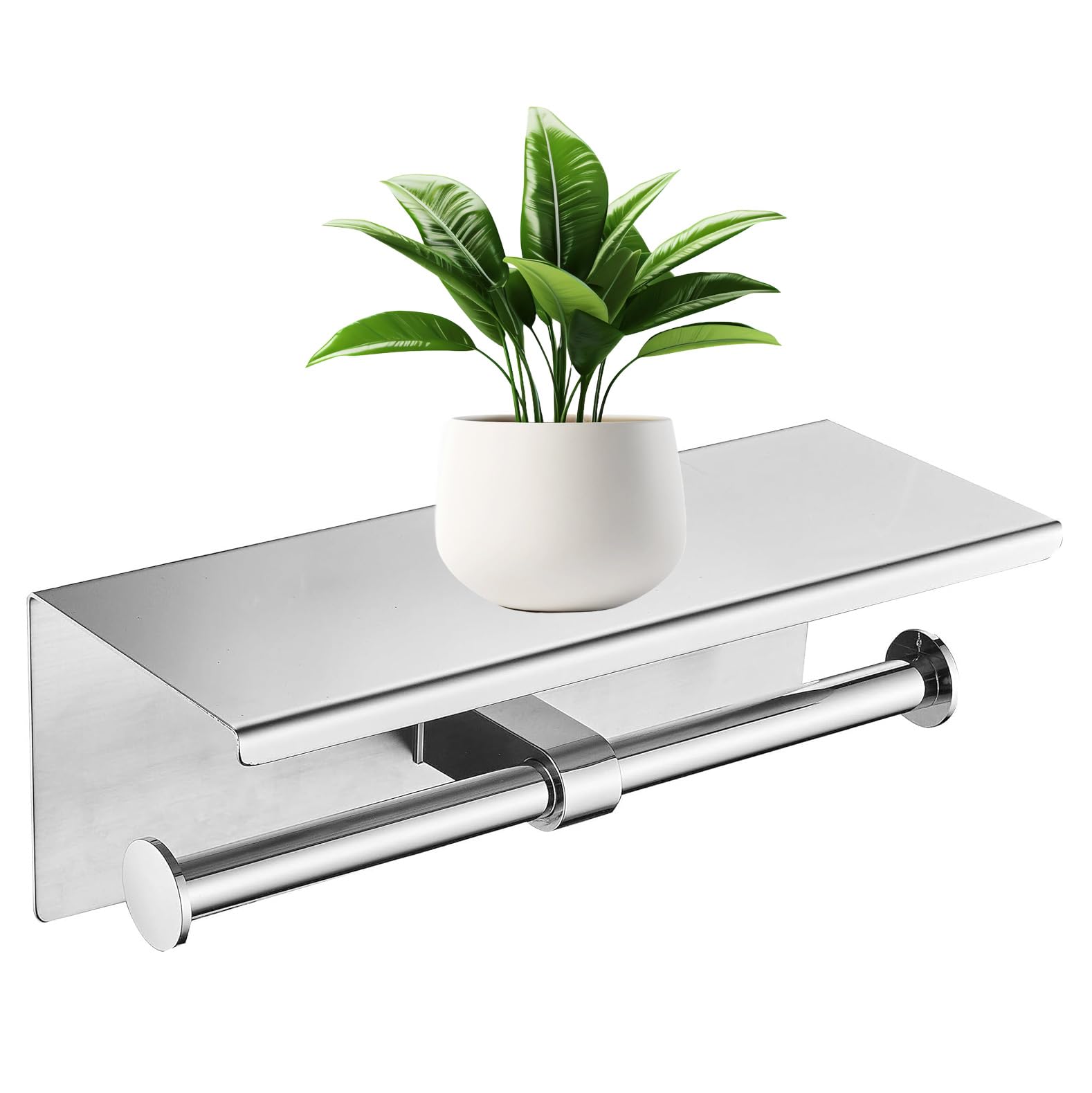 Double Toilet Paper Holder with Phone Shelf Dual Roll Tissue Holder Dispenser Wall Mounted SUS304 Commercial Stainless Steel Roll Holder Storage Cool Bathroom Accessory (Silver)