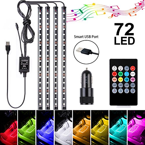 Car Interior Lights 72 LEDs, 4x LED Strip Including Car Cigarette Charger, LED RGB Floor Strip Lights with Music Changing Wireless RF Remote Control Decorative Atmosphere Ambient Lighting Kits