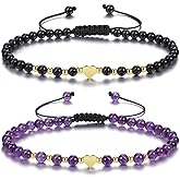 GEHECRST 2Pcs Amethyst Rose Quartz Crystal Bracelet for Women 4mm Healing Gemstone Beaded Bracelet with Gold Heart Charm Bracelets Jewelry Gifts for Lover Birthday Valentine’s Day