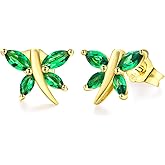 RANDES 925 Sterling Silver Dragonfly Stud Earrings for Women Trendy Dainty Cute Earrings Ruby/Sapphire/Emerald Gemstone Studs Birthstone Anniversary Jewelry