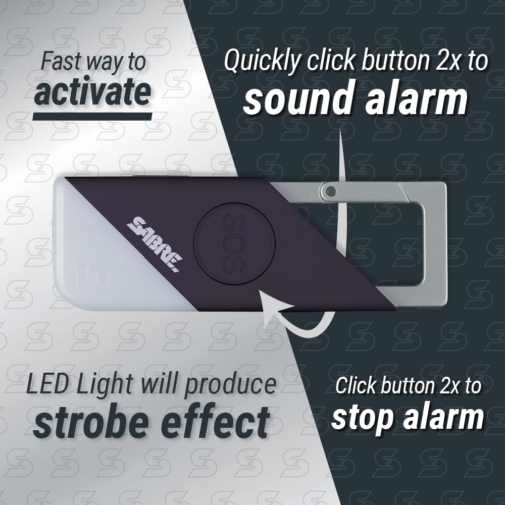 SABRE 2-in-1 Personal Alarm with LED Light & SOS Button, 130dB Siren Heard from 1,800-feet (500-meters), Spring Clip for Easy Carry on Backpacks & Purses, Rechargeable with Charging Cord Included