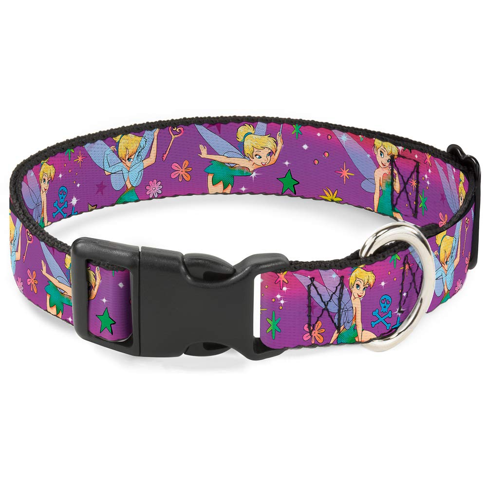 Buckle-Down Tinker Bell Poses/Flowers/Stars/Skull Purple Plastic Clip Collar, Large/15-26