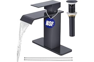 CREA Black Waterfall Bathroom Faucet 1 Hole,Matte Black Bathroom Faucet Single Handle Bathroom Sink Faucet with Pop Up Drain Stopper/ 3 Hole Plate,Stainless Steel RV Vanity Faucet Basin Mixer Tap