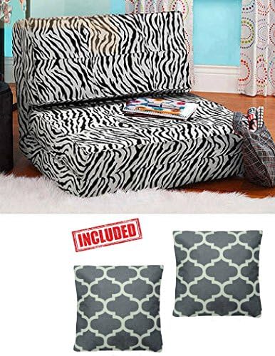 Flip Chair Convertible Sleeper Dorm Bed Couch Lounger Sofa in Zebra Finish with Set of 2 Pillows BUNDLE SET!