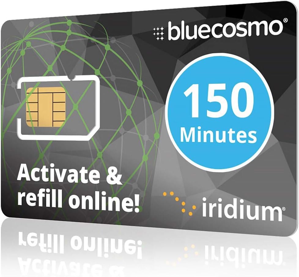 BlueCosmo Iridium 150 Min Prepaid Global SIM Card - Satellite Phone Airtime - 60 Day Expiry - No Activation Fee – No Monthly Fee - Refillable - Rollover - Easy 24/7 Online Activation and Refills