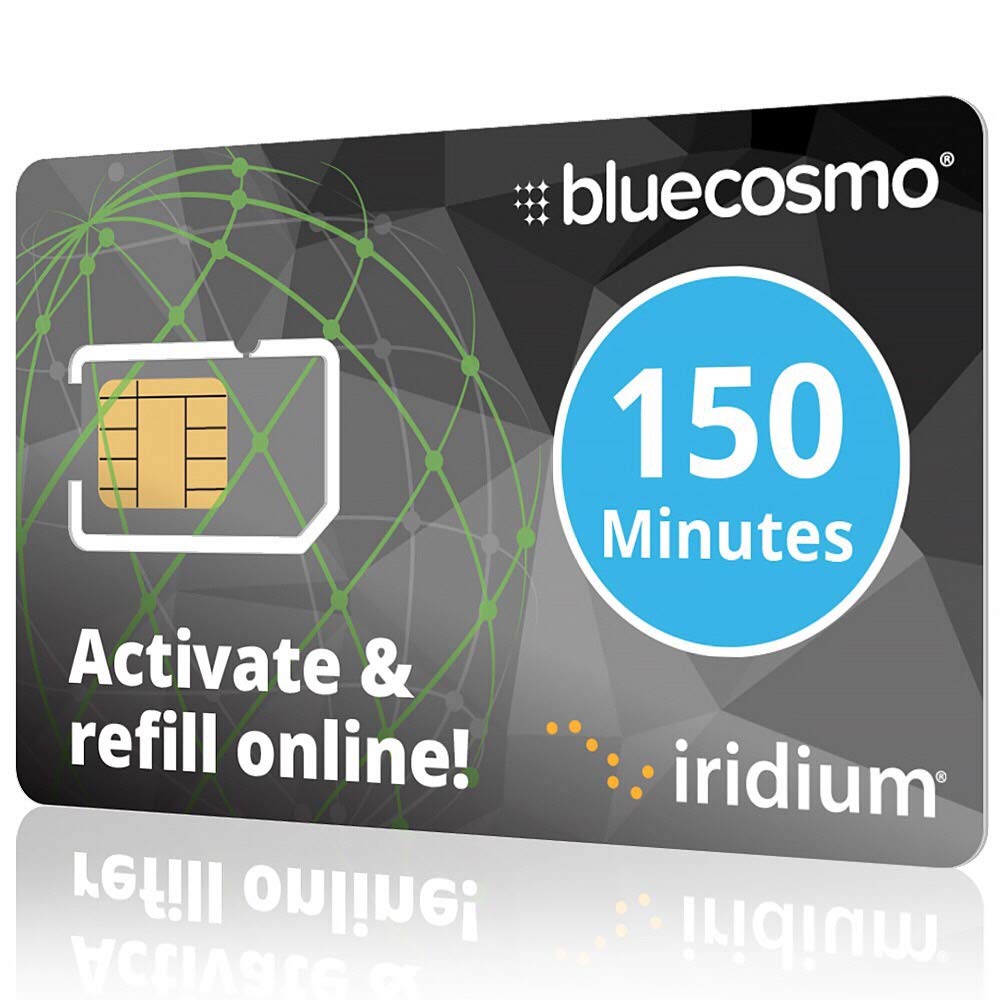 BlueCosmo Iridium 150 Min Prepaid Global SIM Card - Satellite Phone Airtime - 60 Day Expiry - No Activation Fee – No Monthly Fee - Refillable - Rollover - Easy 24/7 Online Activation and Refills