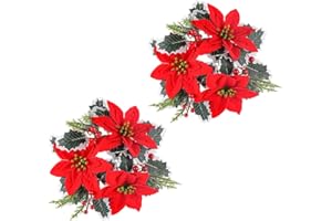 2PCS Christmas Candle Rings Holder Candle Rings with Red Poinsettia Flower Artificial Poinsettia Christmas Decoration Candle 