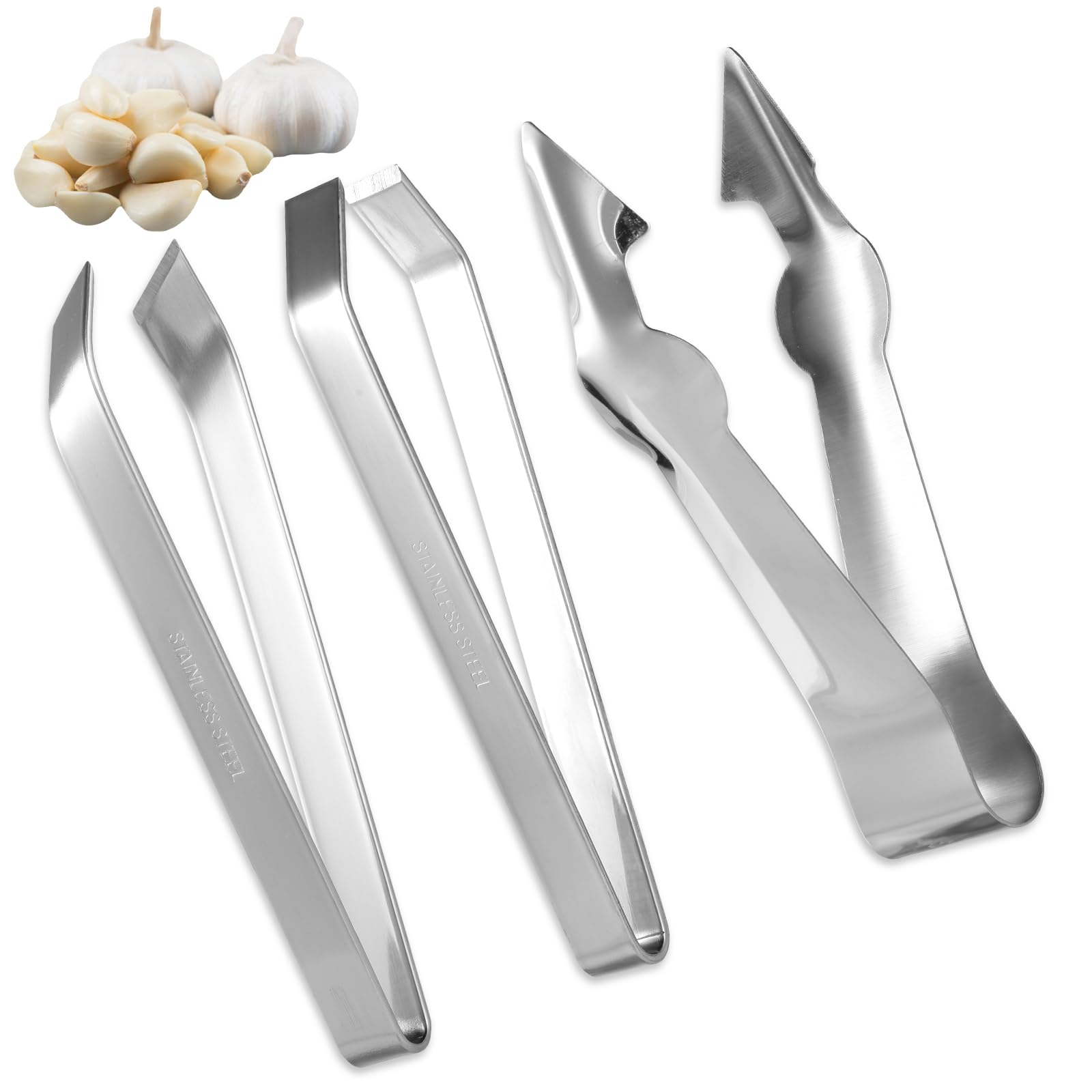 lasuroa 3pcs Stainless Steel Garlic Peeler with Fruit and Vegetable Remover, Garlic Tweezers Garlic Skin Remover Simple Fish Bone Tweezers Portable Garlic Peeling Clips Tool for Cooking Kitchen