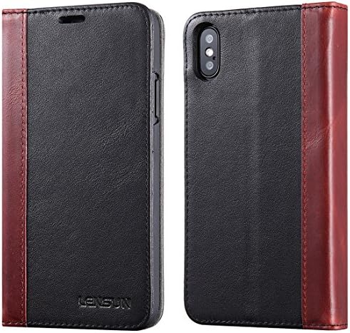iPhone X Case - Lensun Vintage Genuine Cowhide Leather Handmade Flip Wallet Case Cover for Apple iPhone X 5.8" [FG Series] - Black