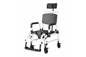 Reclining Shower Chair with Wheels - Transfer Rolling Commode Wheelchair with Backrest, Armrests & Soft Cushion, Tilt Adjusta