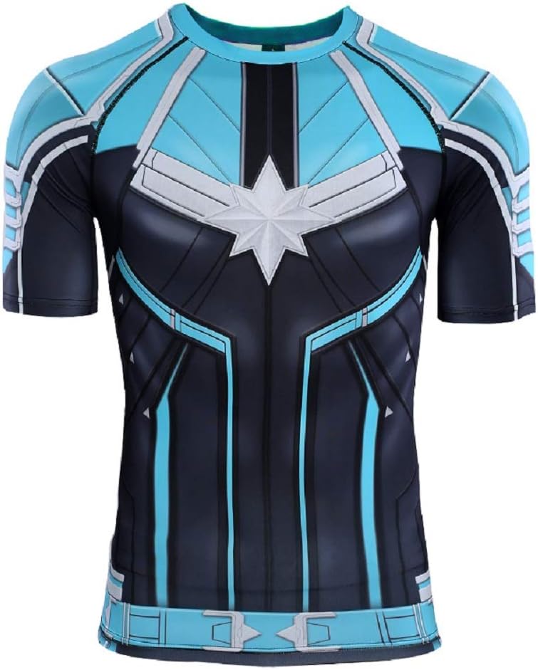 Samanthajane Clothing LTD Born2Ride™ Superhero Fancy Dress/Gym/Cycling Short Sleeved Compression Baselayer T-Shirt (Medium, Captain Marvel Blue Shortsleeve)