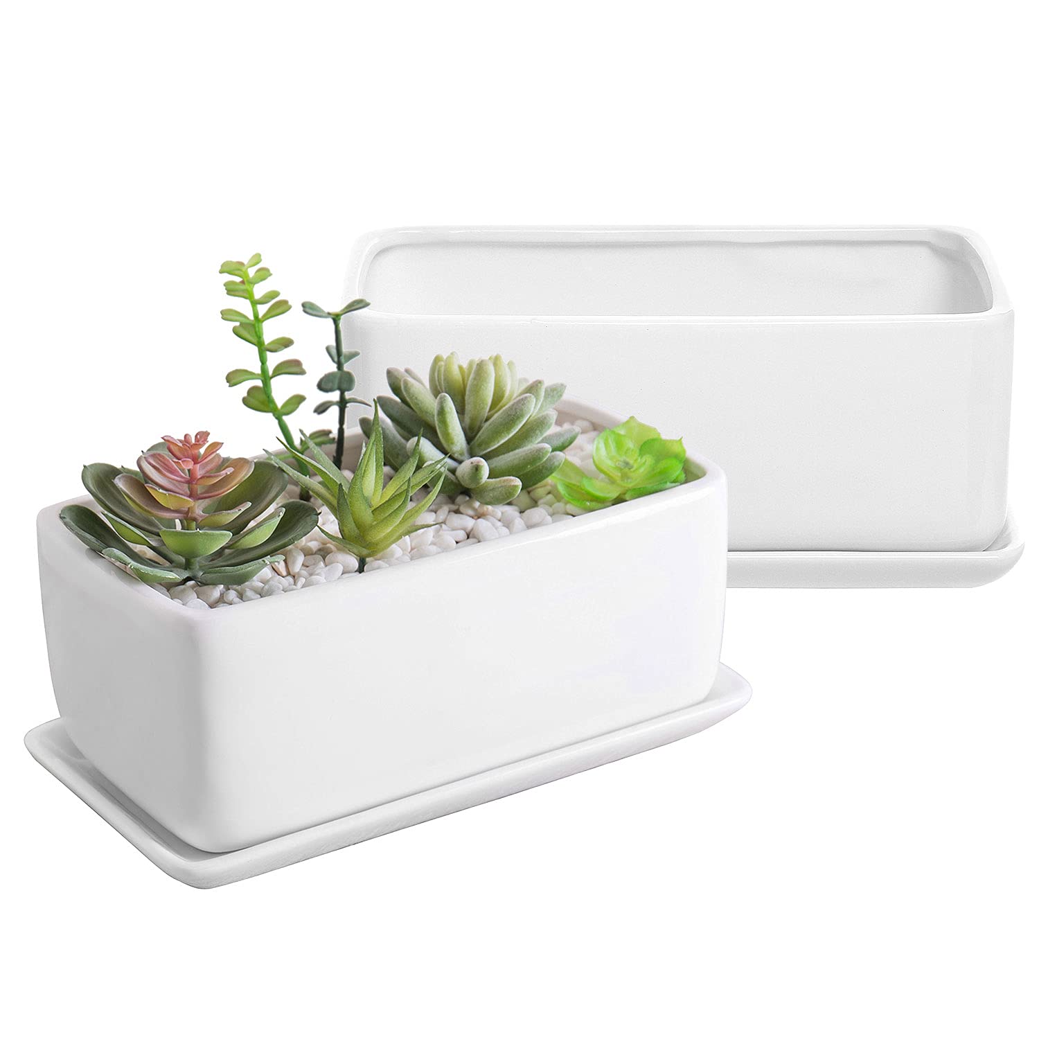 Photo 1 of MyGift 10 Inch Modern Unglazed White Ceramic Indoor Plant Pot with Drainage Hole, Rectangular Succulent Planter Window Box with Removable Saucer, 2 Pack