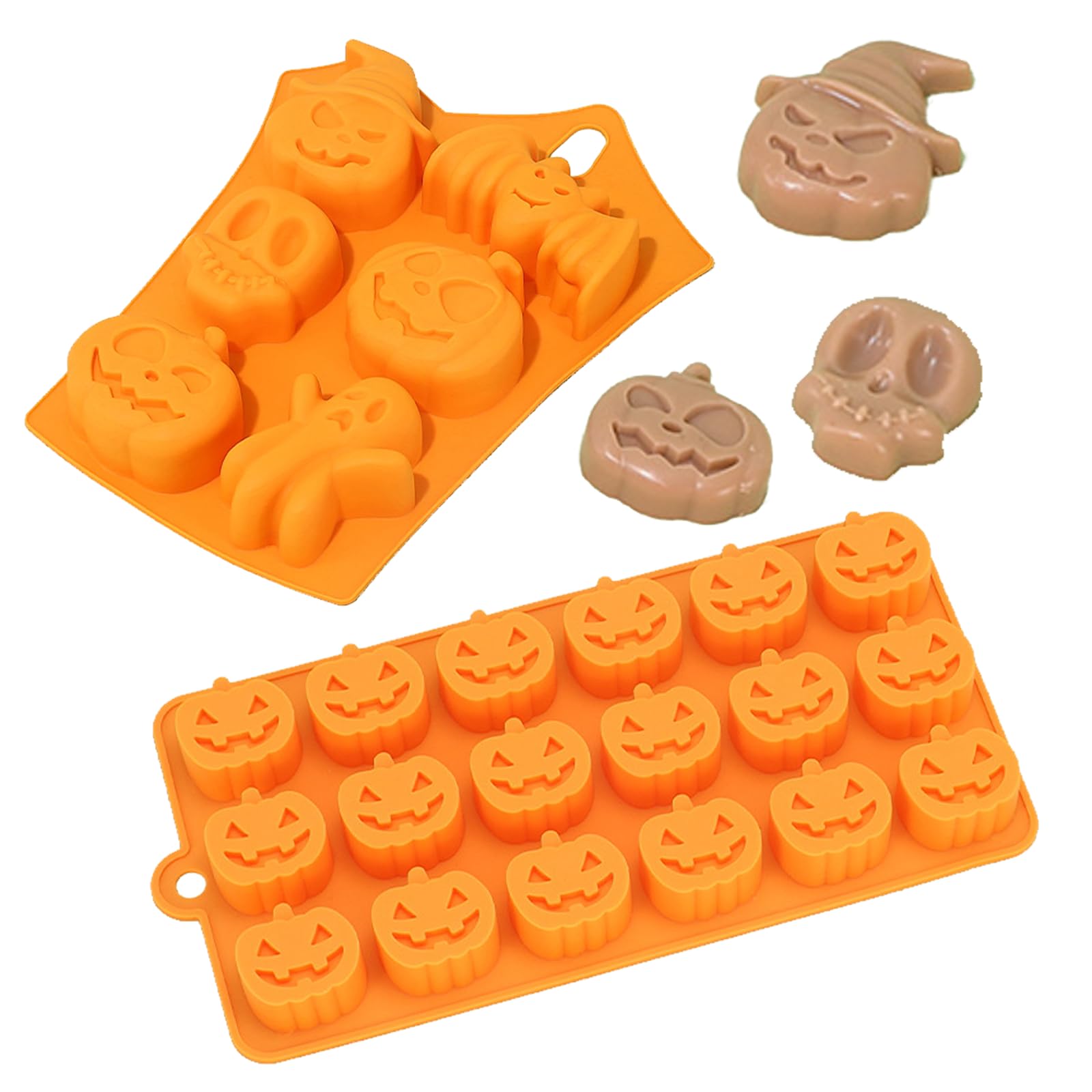 MFCGHXR Halloween Silicone Moulds 2 Pcs, Skull Bat Pumpkin Ghost Molds, Pumpkin Shape Silicone Mold, Ice Cube Tray Candy Cookies Dessert Baking Mold, for Halloween Muffin