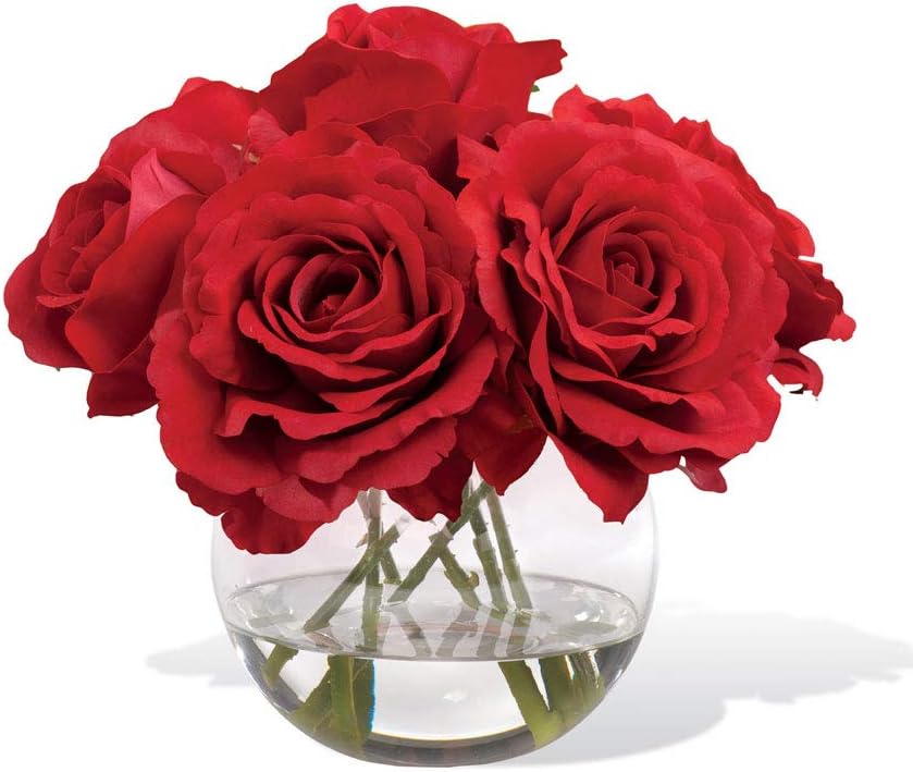 PETALS - Small Red Rose Nosegay Silk Flower Arrangement in Glass Vase with acrylic water - 8" Height x 8" Width