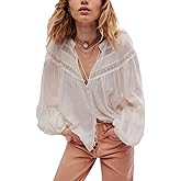 Lace Long Sleeve Tops for Women Boho Tie Front Ruffle Trim Coquette Shirts Y2k Button Flowy Peplum Blouse Going Out