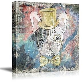 Square Dog Series Canvas Wall Art - Vintage Style Colorful Painting of a Pug with Glasses and a Hat - Giclee Print Gallery Wrap Modern Home Art Ready to Hang - 12x12 inches