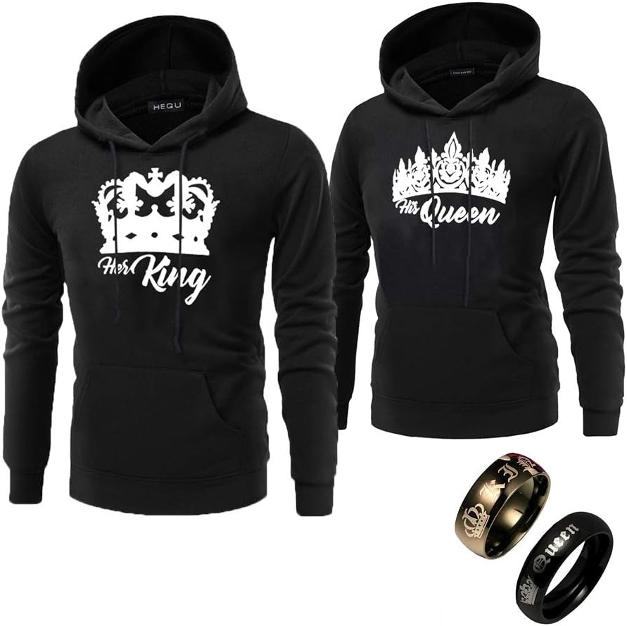 YJQ King Queen Couple Hoodies Sweatshirts King Queen Stainless Steel Rings
