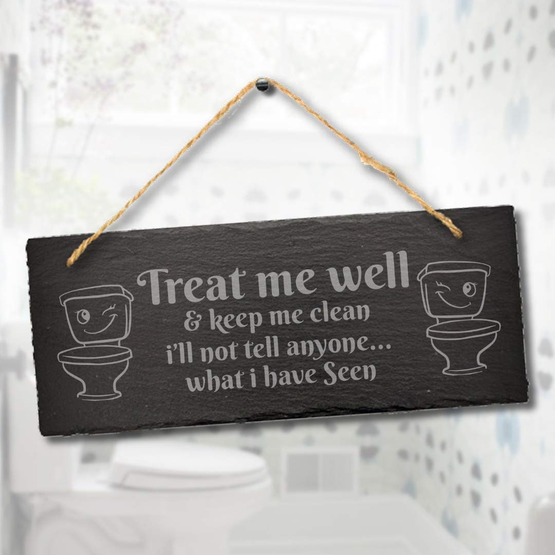 Stukk Treat Me Well Keep Funny Clean Bathroom Toilet Hanging Sign, Natural Engraved Slate Stone Plaque, 30x12cm (Large)