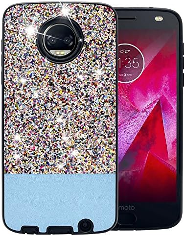 Topnow Moto Z2 Force Case for Girls Women, Luxury Glitter Bling Cute Design [PC Silicone Hard Leather] Dual Layer Protective Phone Case for Motorola Z2 Force Droid(2017) -Blue