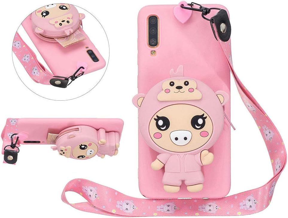 Solid Color Matte Silicone Case for Samsung Galaxy A70 with 3D Pig Zipper Wallet and Lanyard Strap, DasKAn Cute Cartoon Animal Design Soft Shockproof Protective Cover,Pink