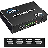 KELIIYO HDMI Splitter 1 in 4 Out V1.4b Powered HDMI Video Splitter with AC Adaptor Duplicate/Mirror Screen Monitor Supports Ultra HD 1080P 2K x4K@30Hz and 3D Resolutions (1 Input to 4 Outputs)