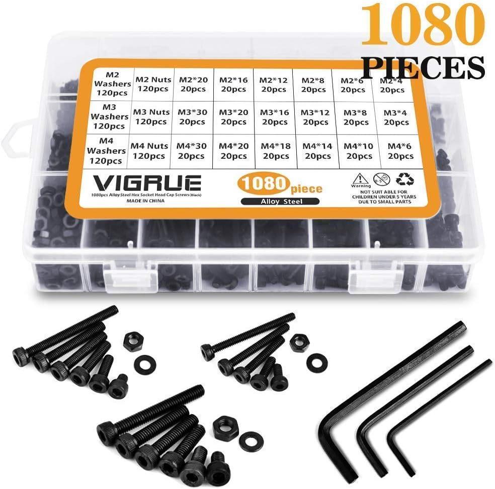 M2 M3 M4 Alloy Steel Socket Head Cap Screws Kit, 1080 Pieces Hex Head Bolt Nuts Washers Assortment Kit with Storage Box