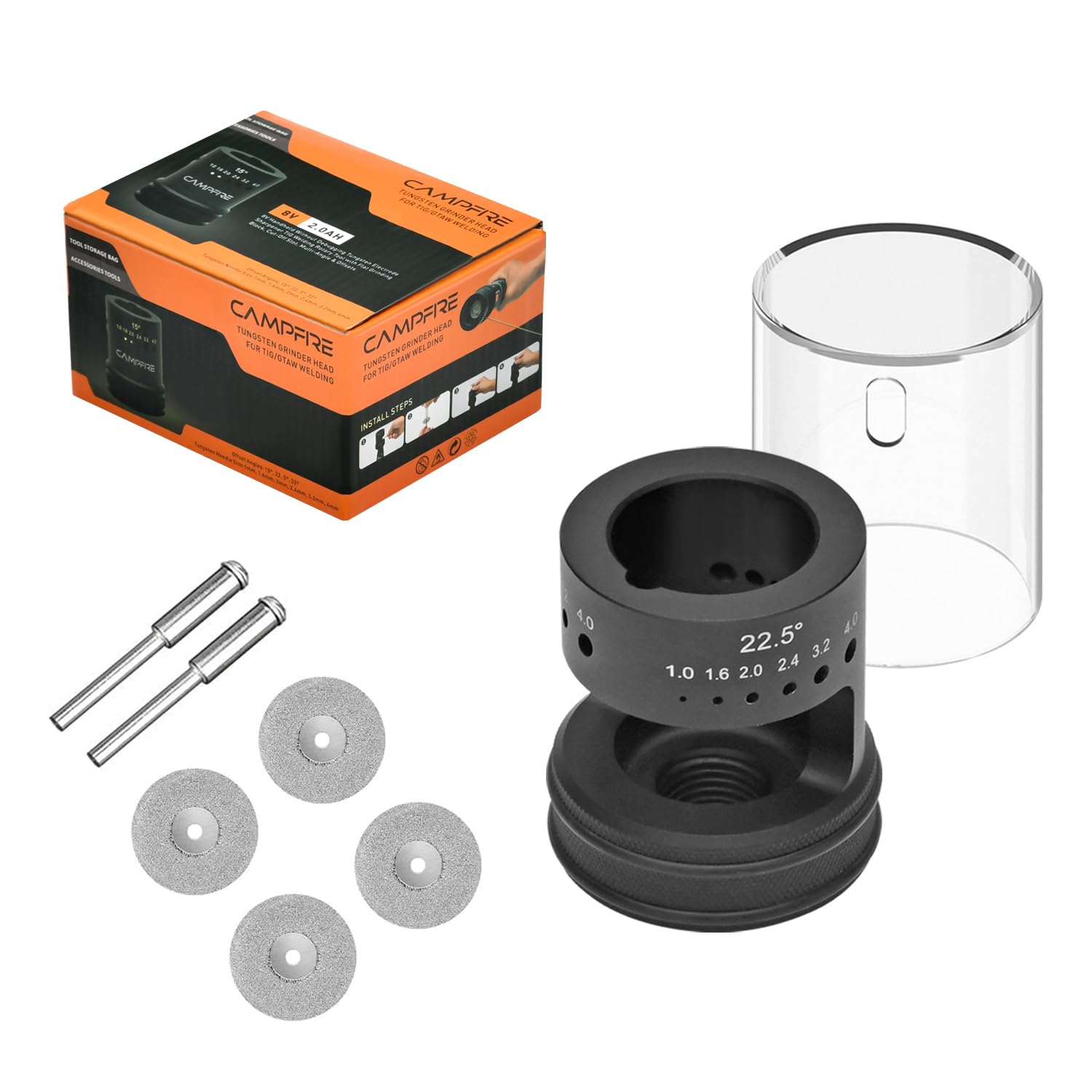 Photo 1 of CAMPFIRE Tungsten Electrode Sharpener Grinder Head with Dust Cover, Tungsten Sharpener with Cut Off Slot, 3 size 6 Angles, Dust Housing, Diamond Wheels And 2 Connecting Rods