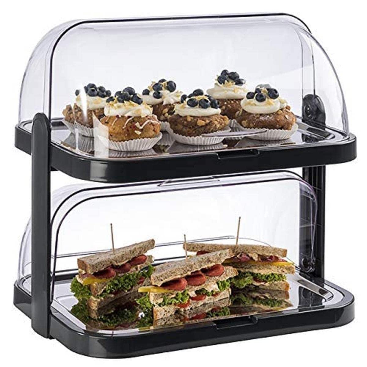 APS Buffet display case"Doppeldecker" - 2 transparent roll-top bonnets that can be opened on both sides, 2 stainless steel trays, 4 cooling accumulators, space-saving storage - Made in Germany