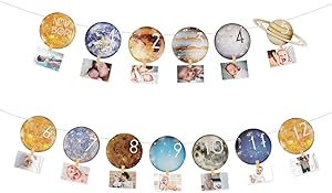 Cieovo Outer Space Theme 1st Birthday Baby Photo Banner for Newborn to 12 Months, Monthly Milestone Photograph Bunting Garland, Solar System Planet First Birthday Celebration Decoration