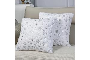 TOYPOPOR Snowflakes Glitter Printed Christmas Pillow Covers 18'' x 18'' Set of 2, Soft Faux Fur Throw Pillow Covers for Holiday Christmas Decor Sofa, Couch, Invisible Zipper, Skin-Friendly
