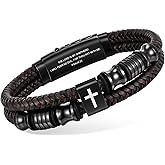 Christian Brown Leather Bracelet for Men - Double-Row Braided Leather Faith Cross Bracelets Bangle Religious Baptism Inspirational Bible Verse Jewelry Gift for Young Men Teenage, Adjustable Wristband