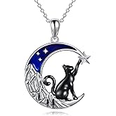 VONALA 925 Sterling Silver Moon Black Cat Necklace for Women - Tree of Life Jewelry with Abalone Stone - Cat Lover Birthday Gift