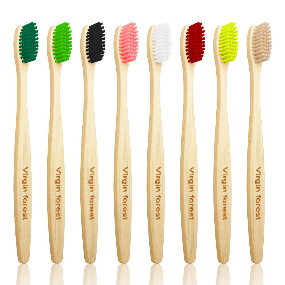 Bamboo Toothbrush, Wooden Toothbrushes, Biodegradable Eco Friendly Vegan Natural Organic Bamboo Charcoal Tooth Brush, Set of 8 Color of Medium Firm Bristles