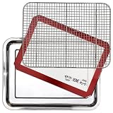 Stainless Steel Sheet Pan 15.5 x 11.5 inch Cooling Rack & Silicone Baking Mat Set - Extra Durable Cookie Sheet, Oven Safe non-toxic Heavy Duty Bake ware. for Roasting Bacon, Vegetables, and Cake.