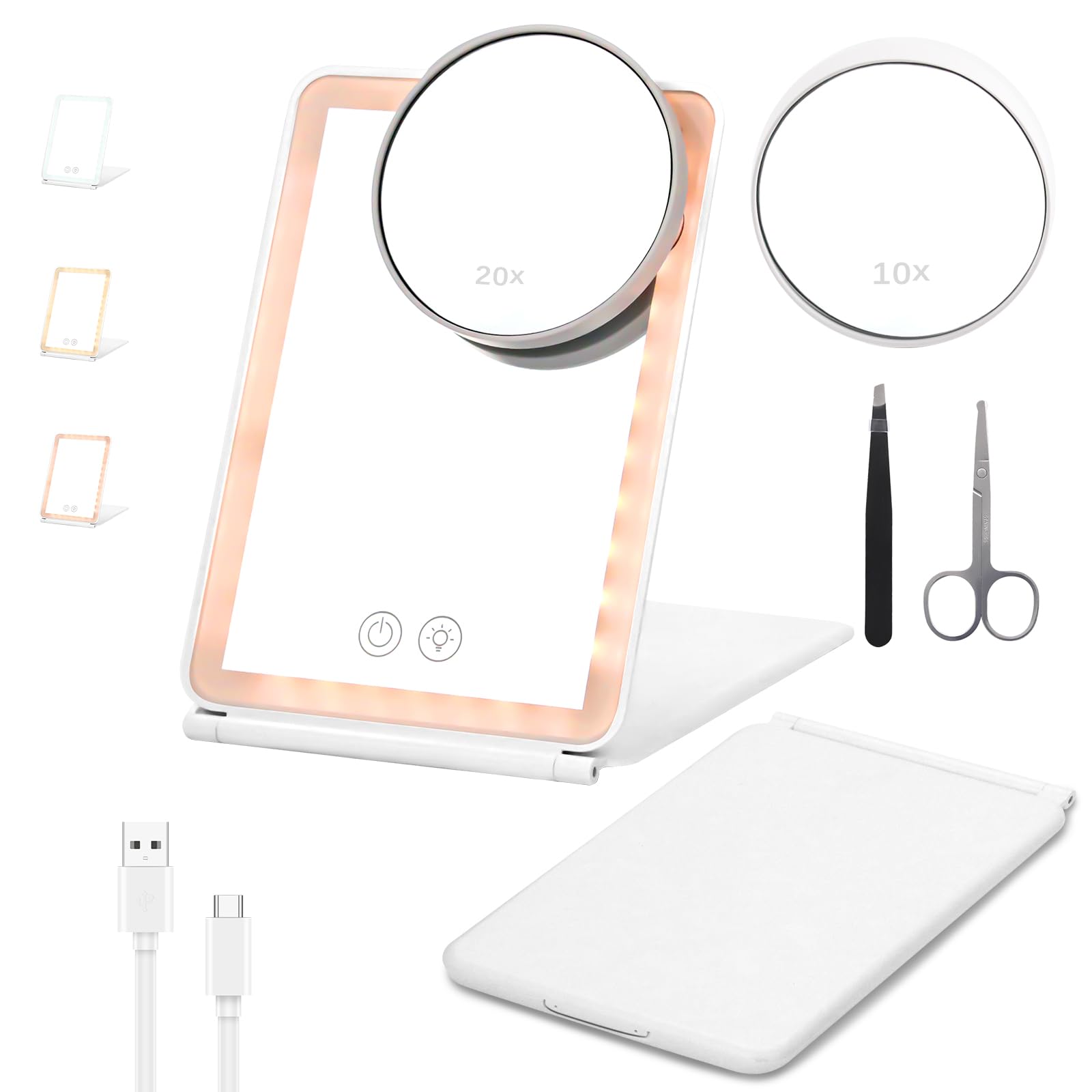 wokdsbl Makeup Mirror with Adjustable Brightness- Detachable 1X/10X/20X Magnification-Rechargeable 3 Colored Light Vanity Mirror-72 LED Portable Travel Folding Makeup Mirror with Scissor,Tweezers