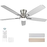 52 Inch Flush Mount Brushed Nickel Ceiling Fan with Light and Remote Control.Noiseless,Dimmable,3CCT,6 Speeds Reversible, Low Profile DC Ceiling Fans for Indoor or Covered Outdoor Use,ETL Listed
