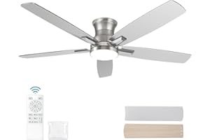 YUHAO 52 Inch Flush Mount Brushed Nickel Ceiling Fan with Light and Remote Control.Noiseless,Dimmable,3CCT,6 Speeds Reversible, Low Profile DC Ceiling Fans for Indoor or Covered Outdoor Use,ETL Listed