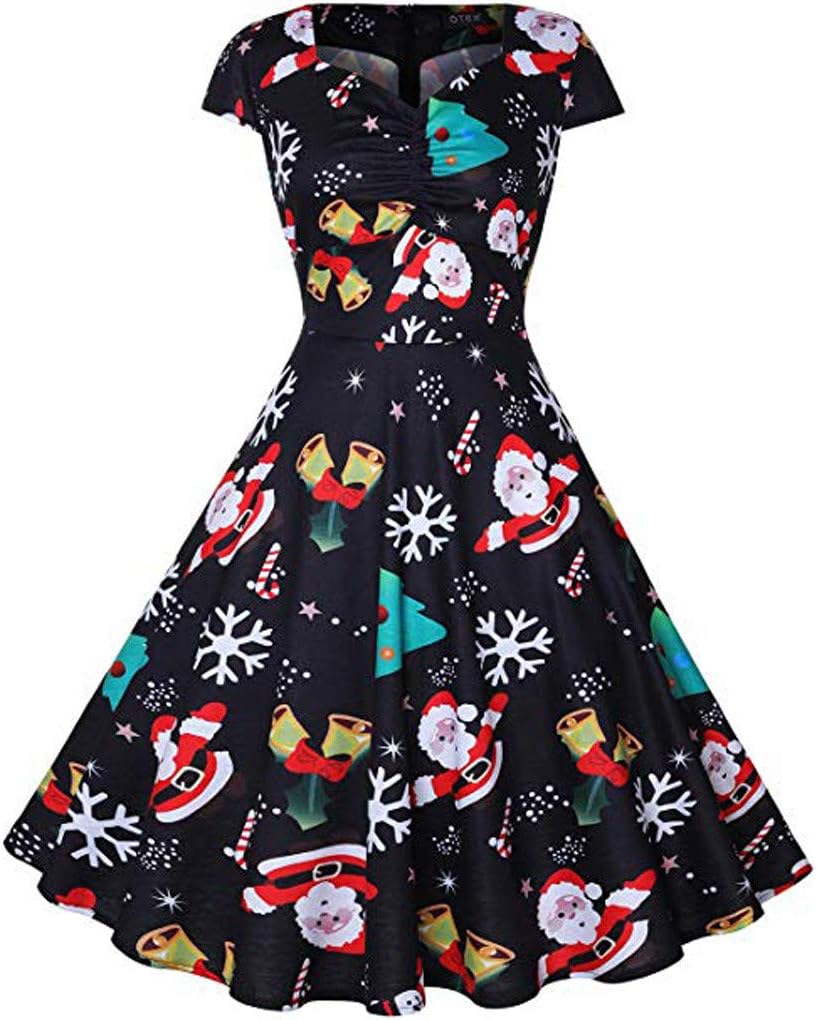 AOGOTO Christmas Vintage Dress Women Cap Sleeve Floral Print Rockabilly Cocktail Party Dresses