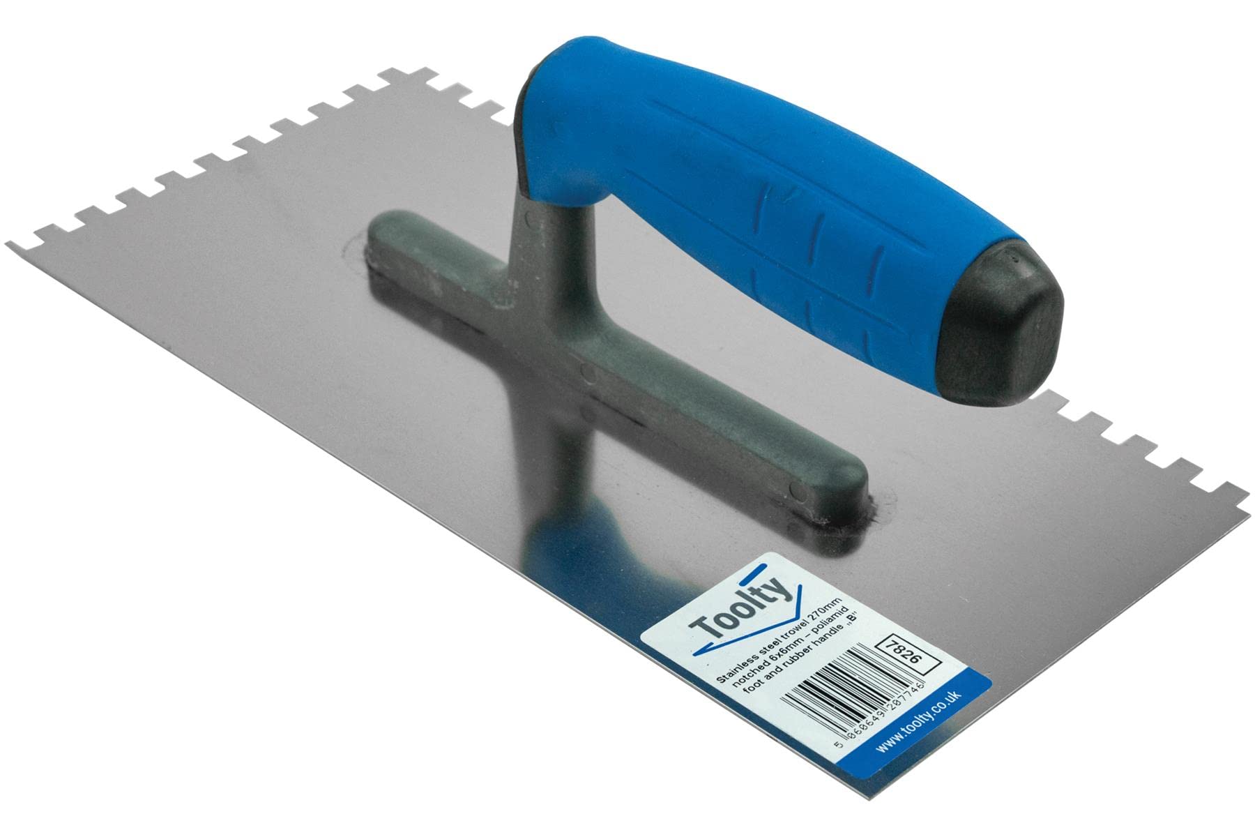 Toolty Notched Tiling Trowel - Stainless Steel - Non-Slip Rubber Handle - 6 x 6 mm Notch - 10.6 x 5.04" - for Applying Adhesives and Screeds