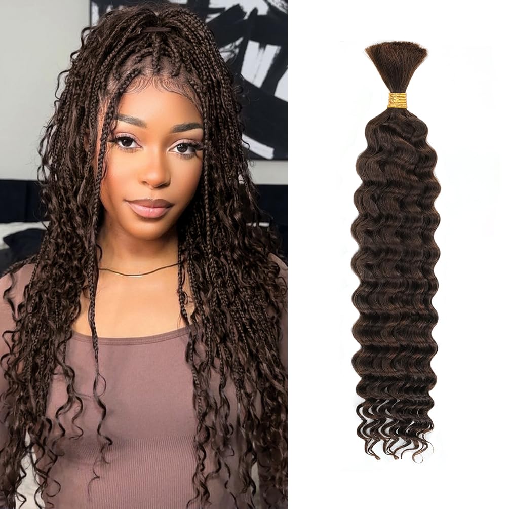 Photo 1 of 10 Inch Deep Wave Human Braiding Hair for Boho Braids – 50g 1 Bundles/Pack Chocolate Brown 100% Unprocessed 12A Brazilian Virgin Human Hair Bulk, No Weft, Wet & Wavy Curly Extensions