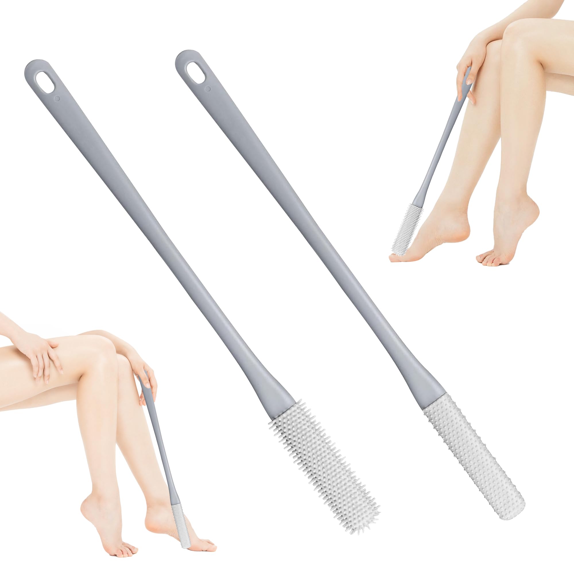 2PCS Silicone Foot Cleaning Brush With Long Handle - Grey Toe Gap Scrubber for Shower and Bath - Soft Exfoliating Scrubber Suitable for Men or Women