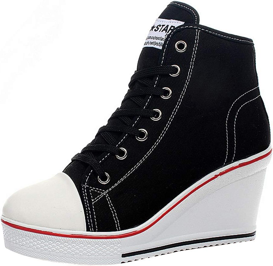 Women High Heel Sneaker Canvas Lace Up High Top Casual Wedge Side Zipper Fashion Sneakers Pump Platform Walking Shoes