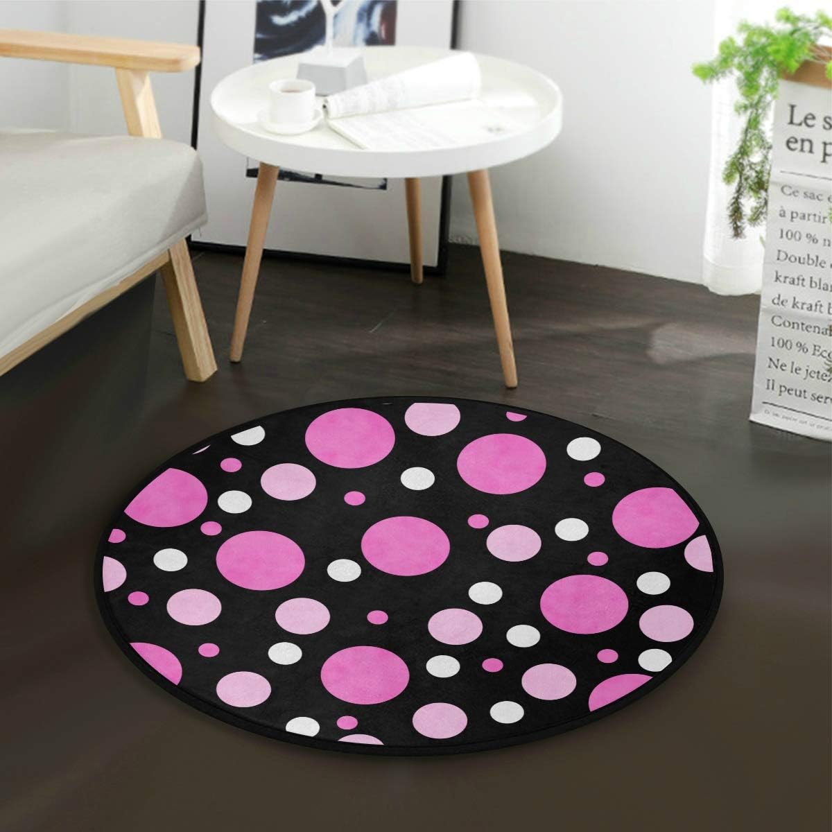 Alfombra Interior Exterior Rosa Blanco y negro Tela de lunares con