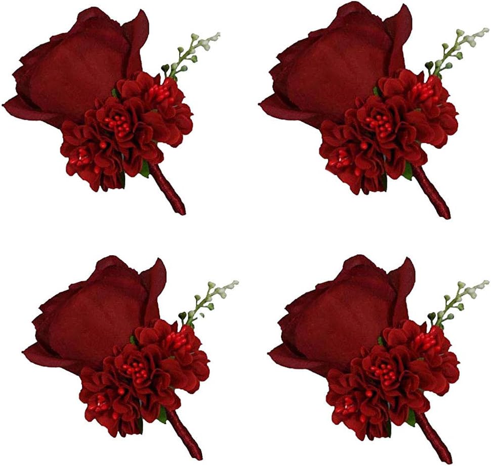 Boutonniere Buttonholes Groom Groomsman Best Man Rose Wedding Flowers Accessories Prom Suit Decoration (4,Wine Red)